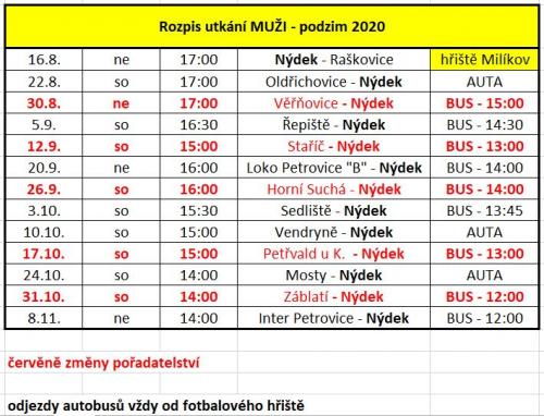 Rozpis utkání MUŽI - podzim 2020